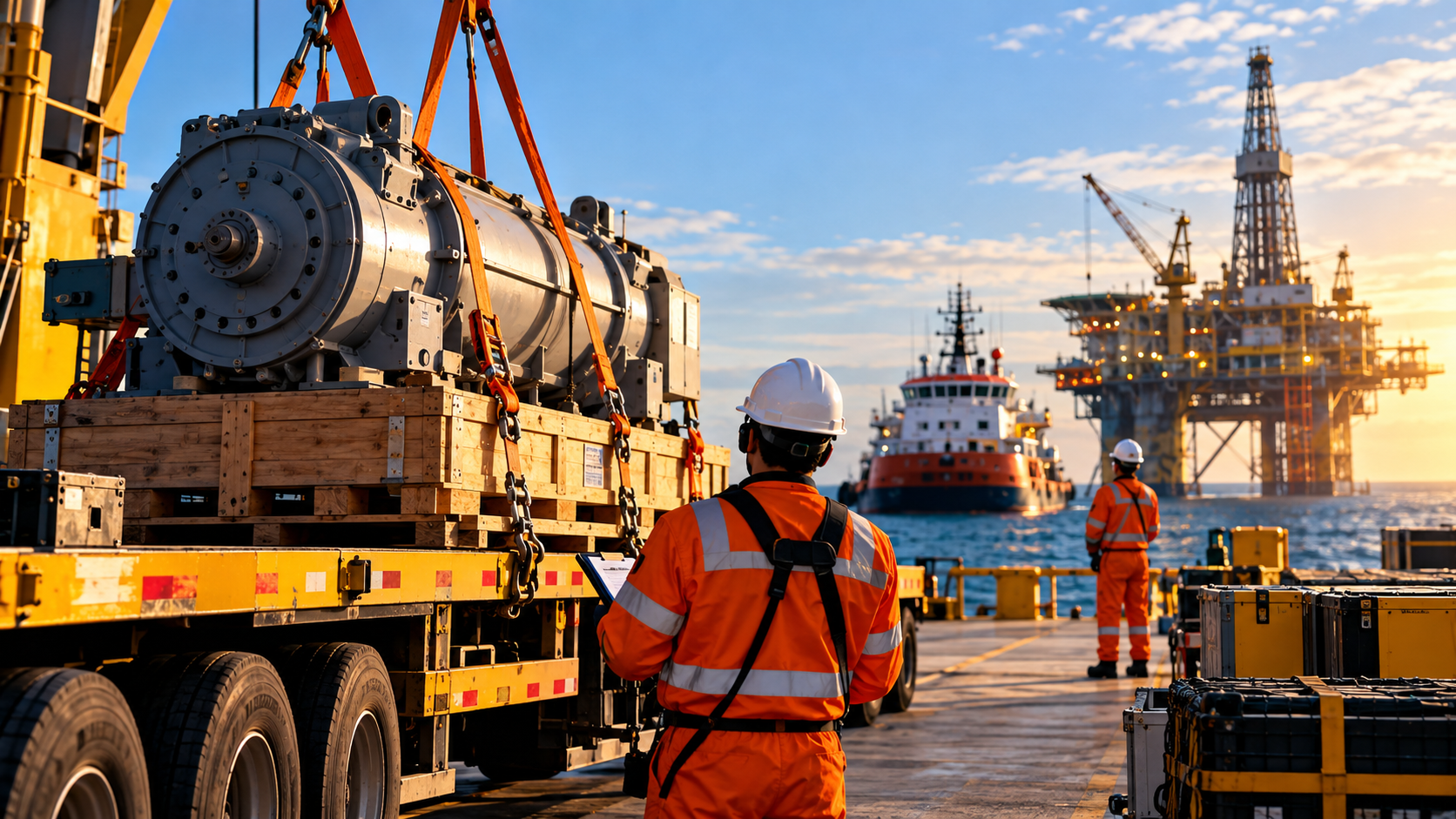 carga crítica offshore preparada para transporte até uma base logística de óleo e gás